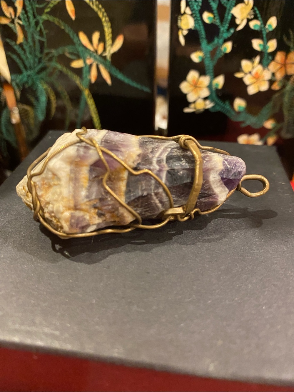 Vintage Chevron Amethyst Pendant with Brass Wire